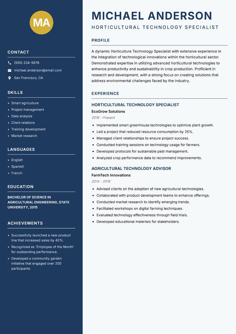 Horticulture Technology Specialist resume sample — Horticultural Technology Specialist focus