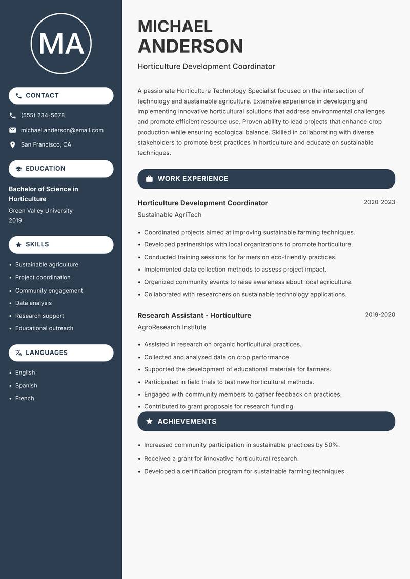 Horticulture Technology Specialist resume sample — Horticulture Development Coordinator focus