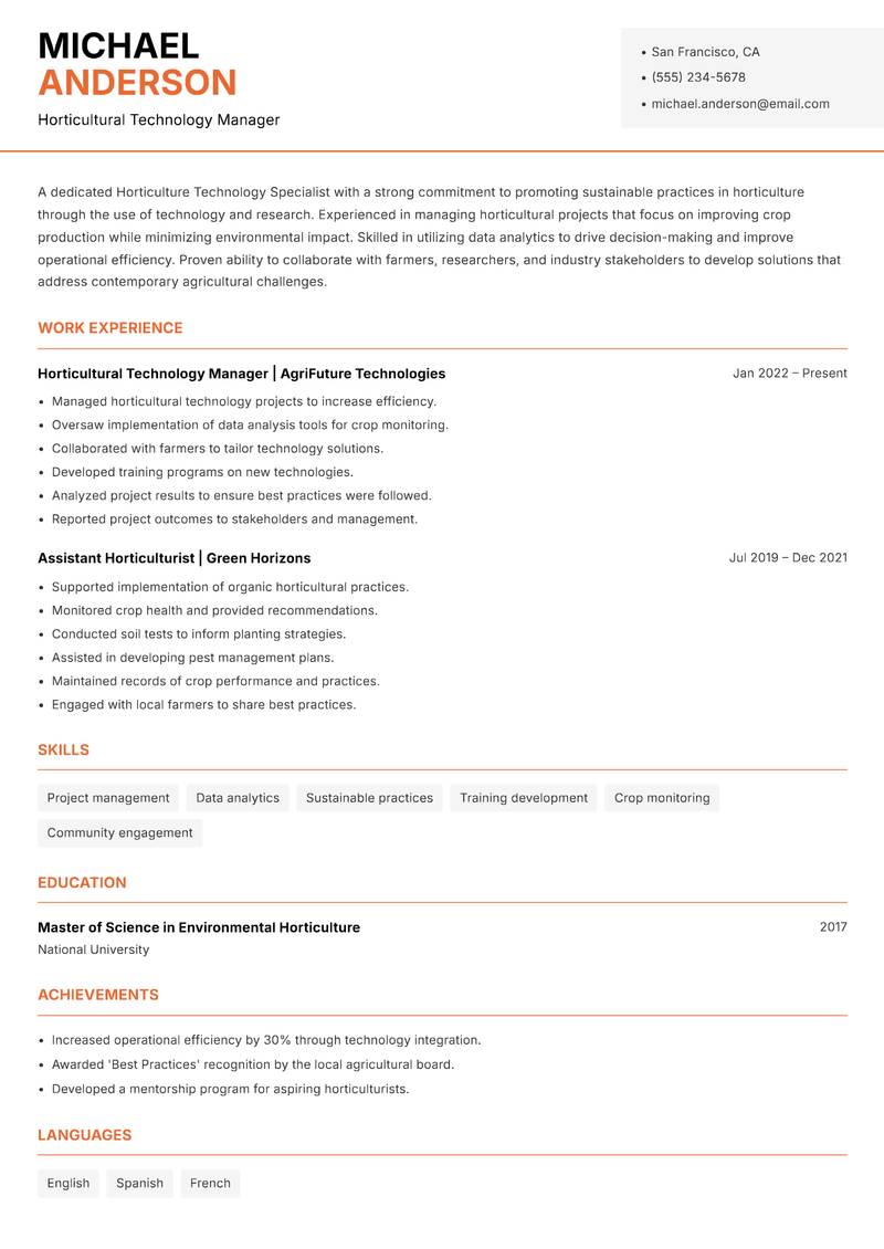 Horticulture Technology Specialist resume sample — Horticultural Technology Manager focus