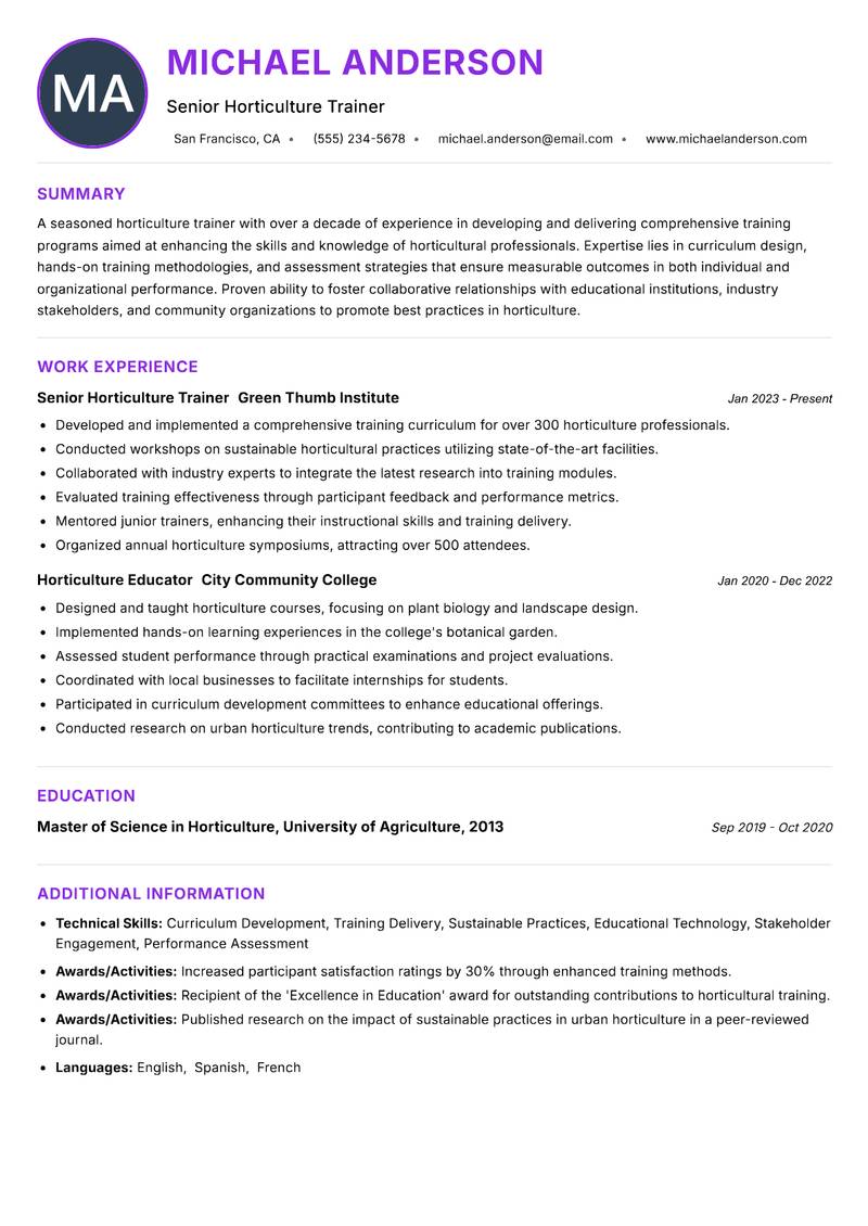Horticulture Trainer resume example