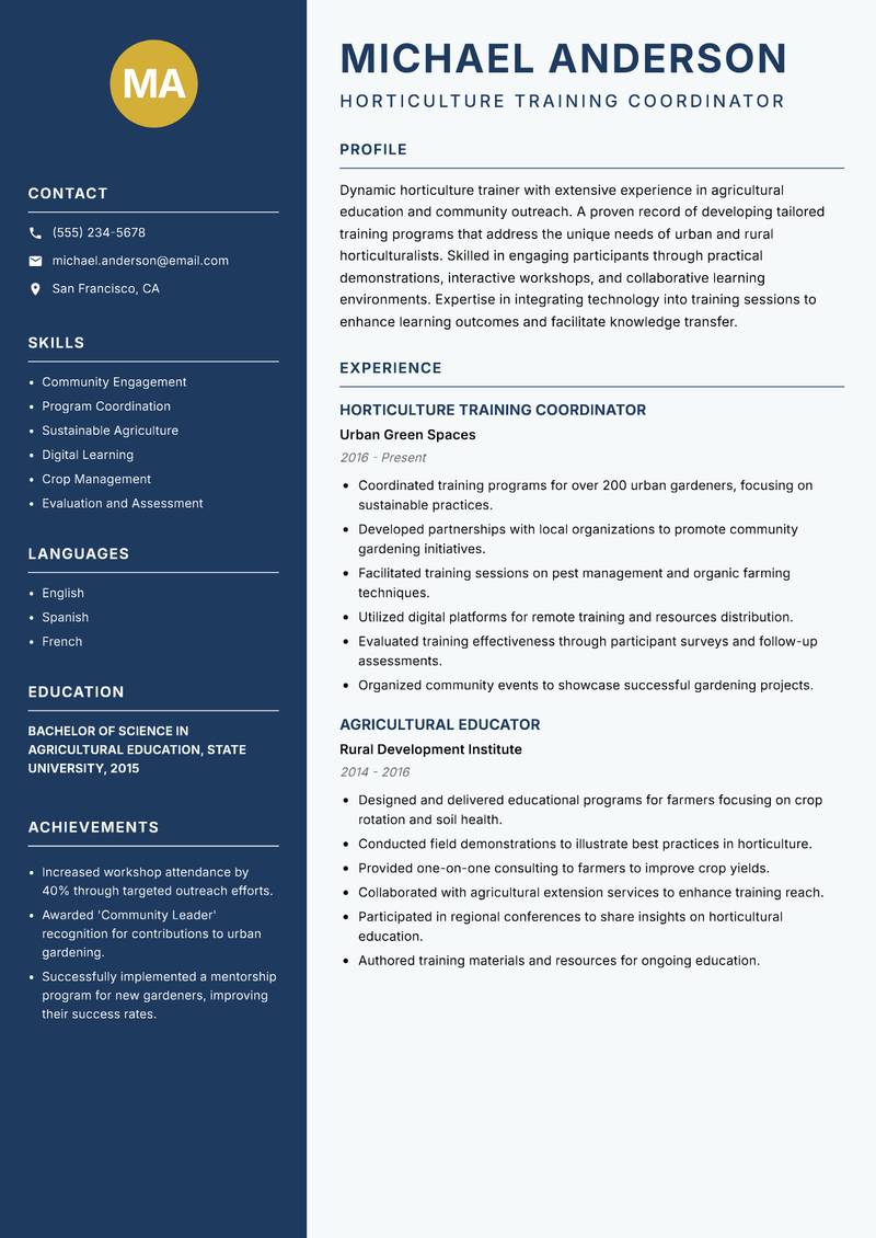 Horticulture Trainer resume sample — Horticulture Training Coordinator focus