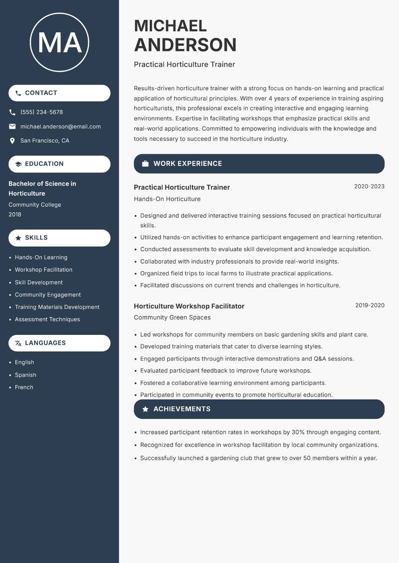 Horticulture Trainer resume sample — Practical Horticulture Trainer focus