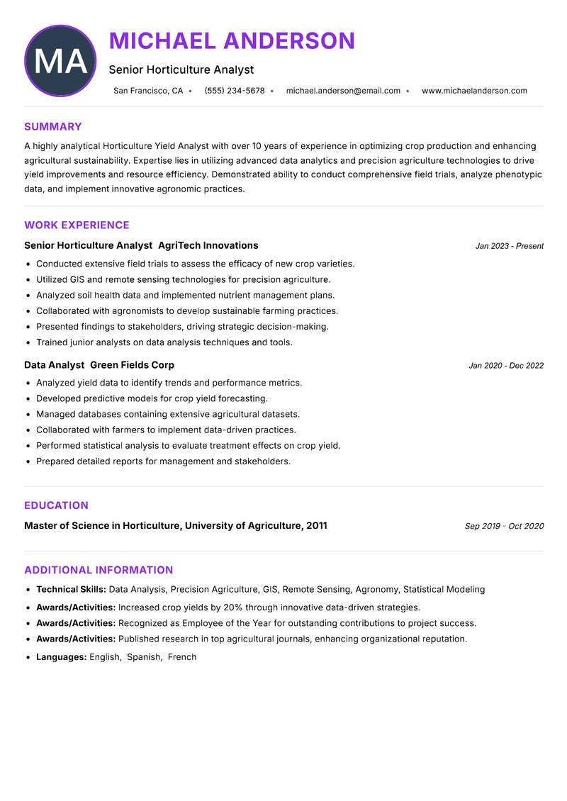 Horticulture Yield Analyst resume example