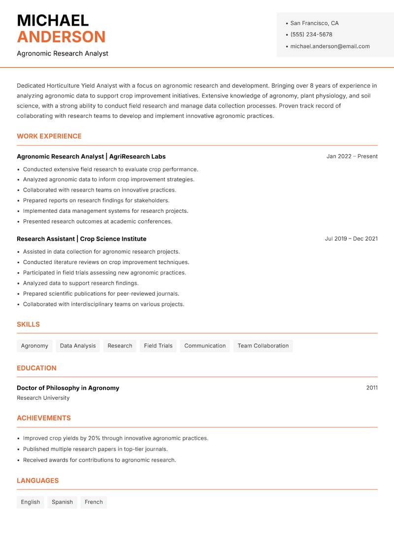 Horticulture Yield Analyst resume sample — Agronomic Research Analyst focus
