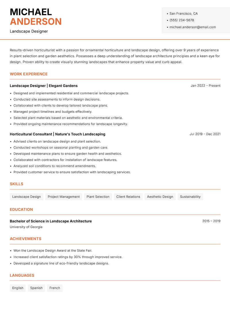 Horticulturist resume sample — Landscape Designer focus