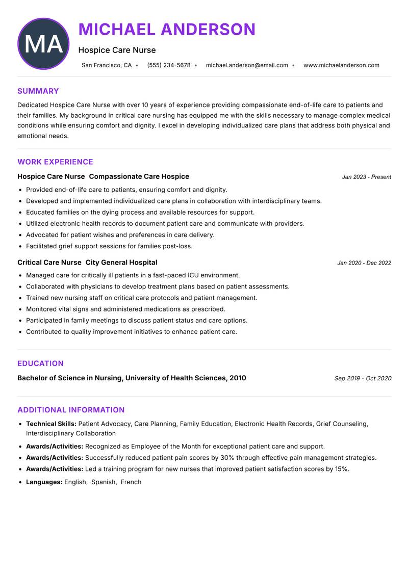 Hospice Care Nurse resume example