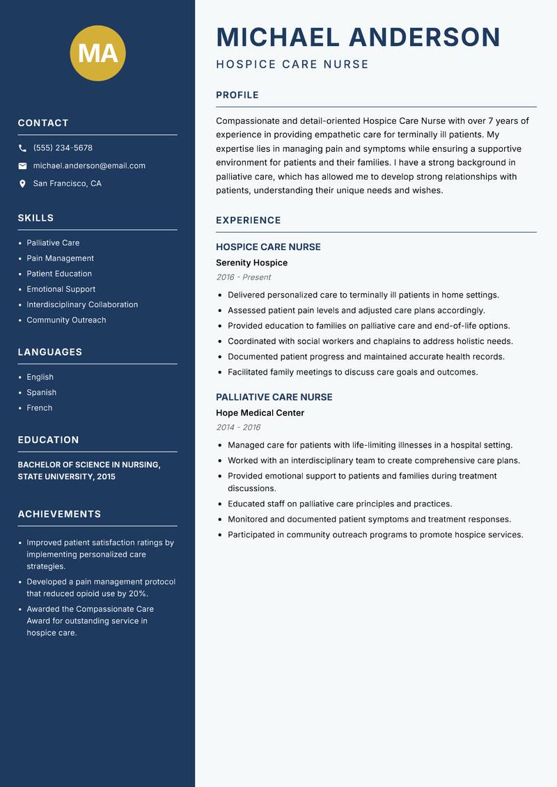 Hospice Care Nurse resume sample — Hospice Care Nurse focus