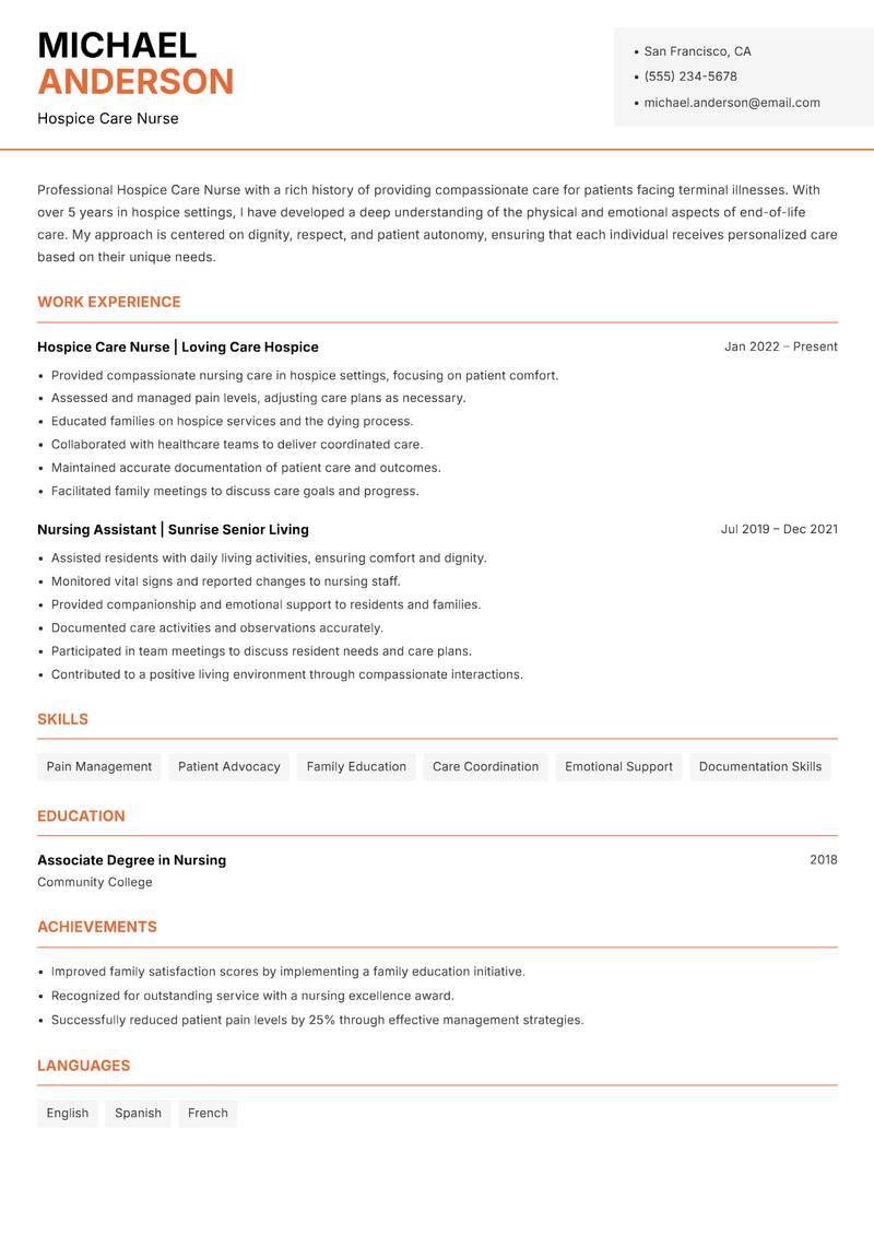 Hospice Care Nurse resume sample — Hospice Care Nurse focus