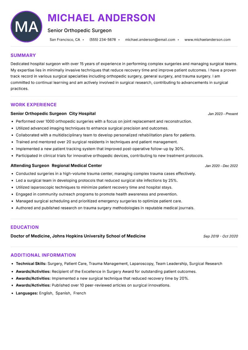 Hospital Surgeon resume example