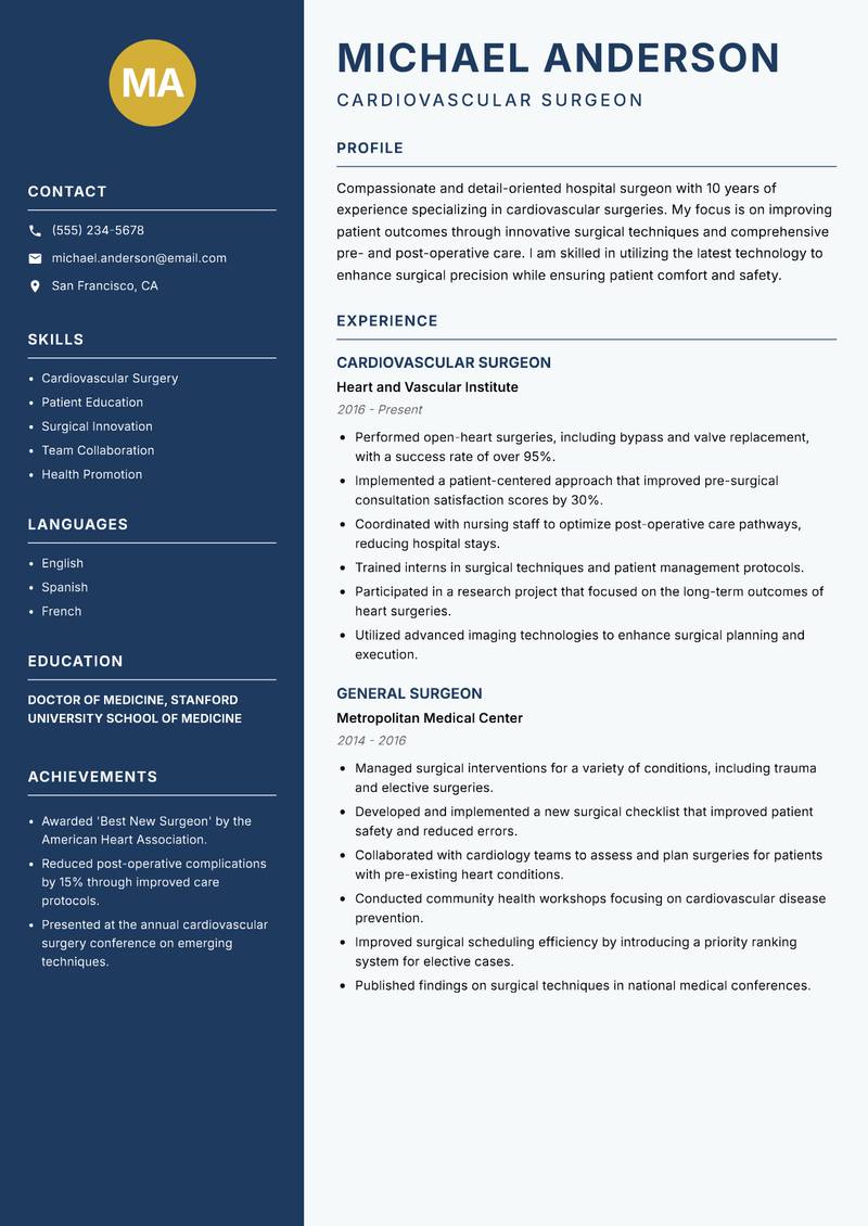 Hospital Surgeon resume sample — Cardiovascular Surgeon focus
