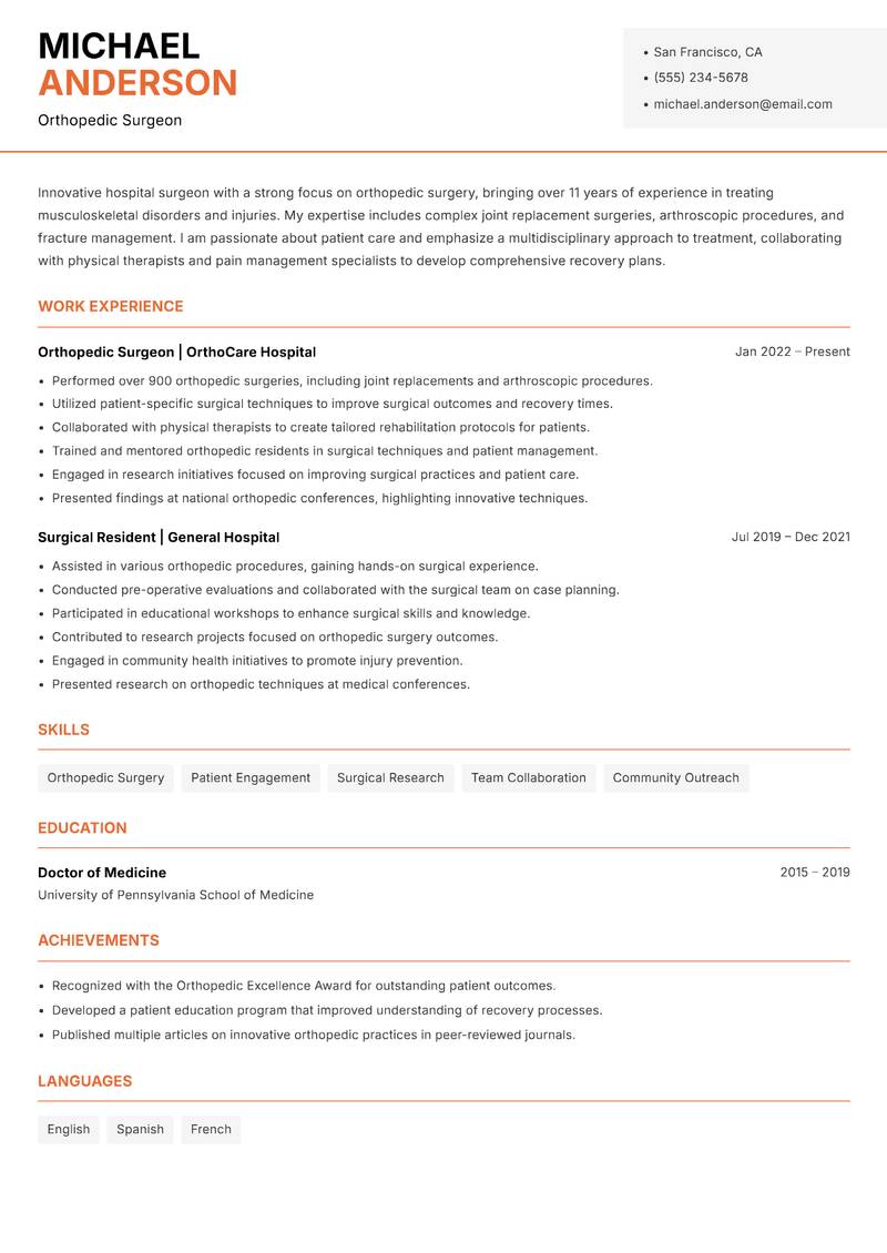 Hospital Surgeon resume sample — Orthopedic Surgeon focus