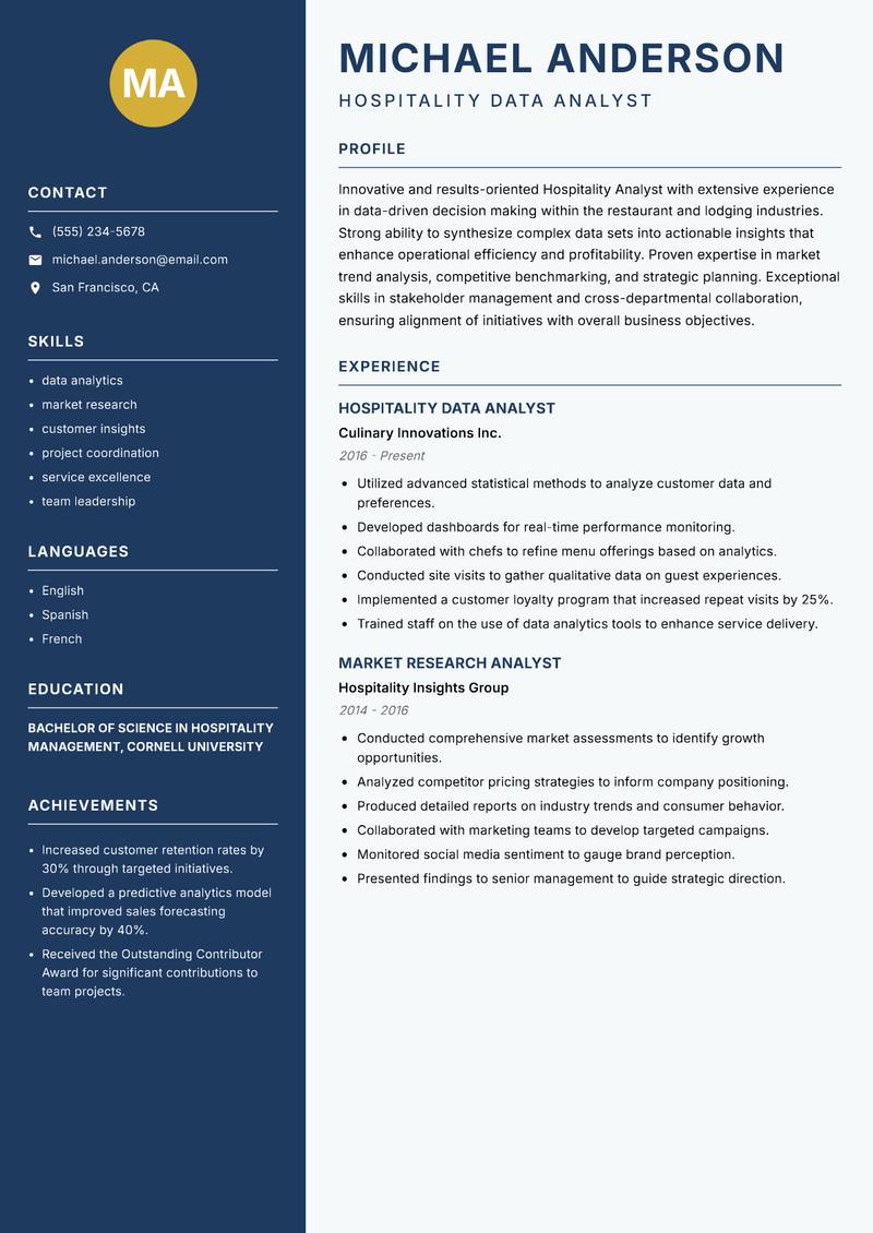 Hospitality Analyst resume sample — Hospitality Data Analyst focus