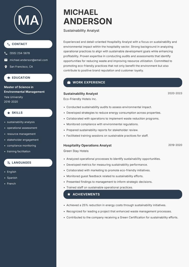 Hospitality Analyst resume sample — Sustainability Analyst focus