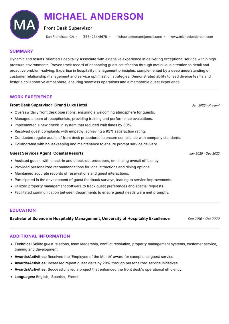 Hospitality Associate resume example