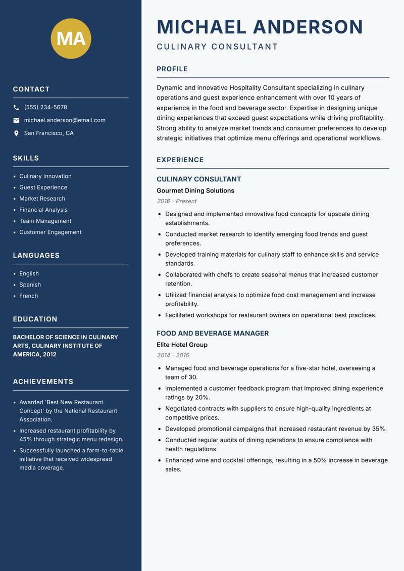 Hospitality Consultant resume sample — Culinary Consultant focus