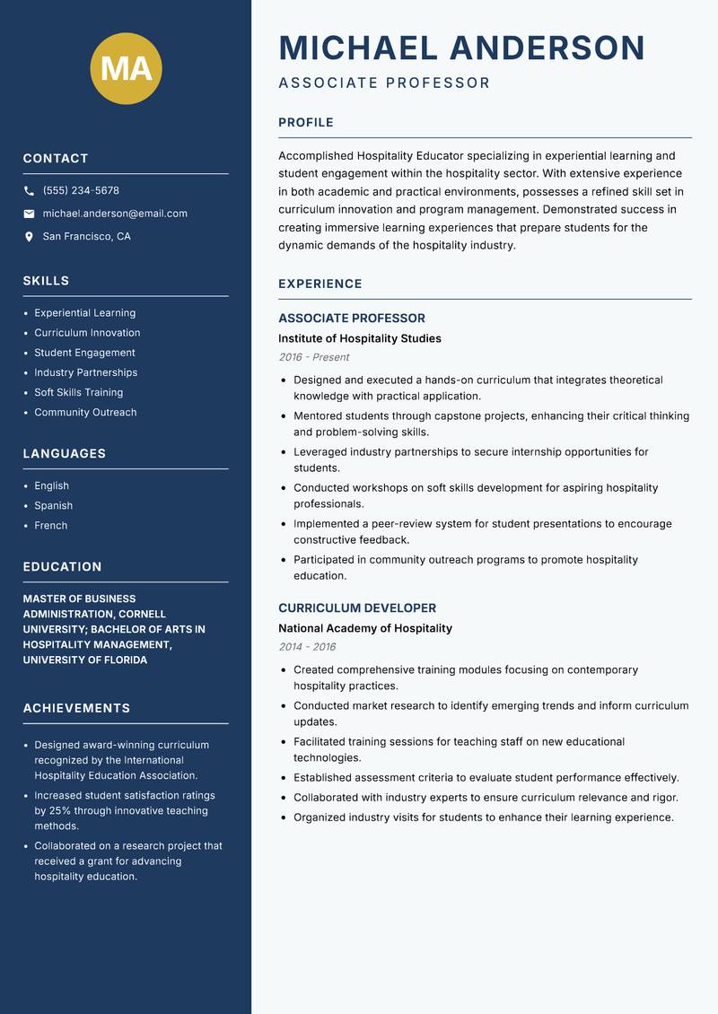 Hospitality Educator resume sample — Associate Professor focus