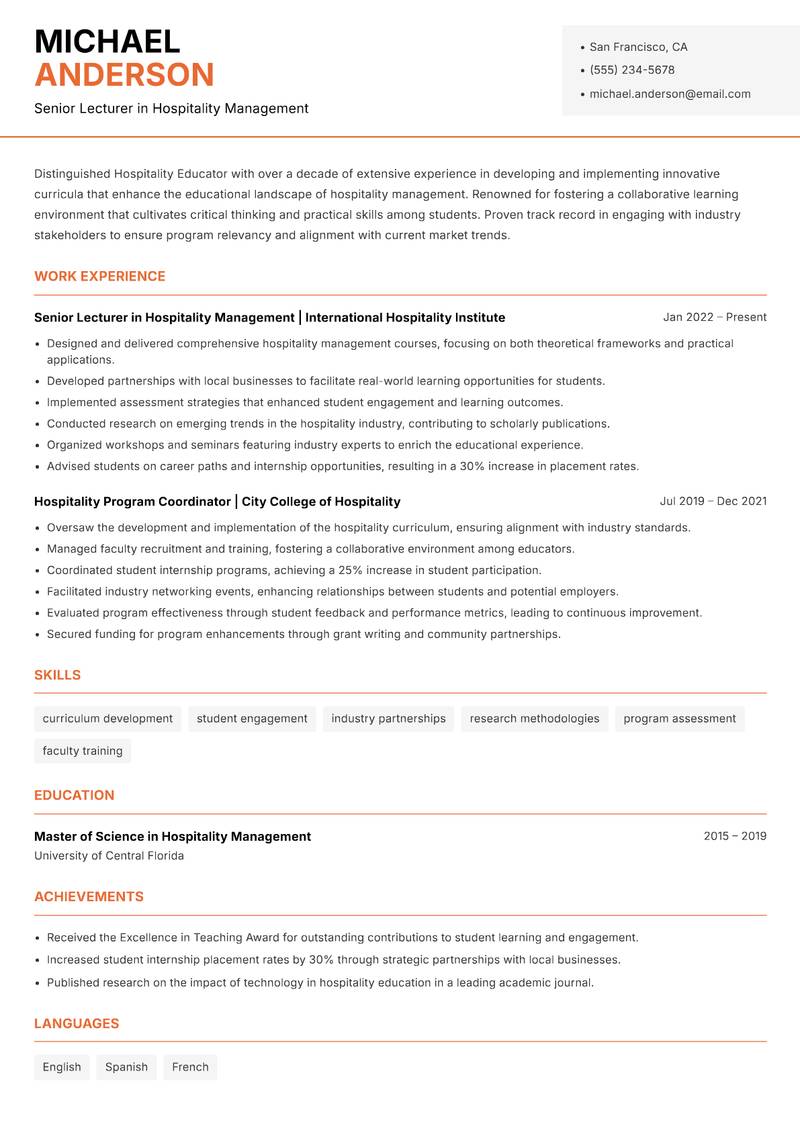 Hospitality Educator resume sample — Senior Lecturer in Hospitality Management focus