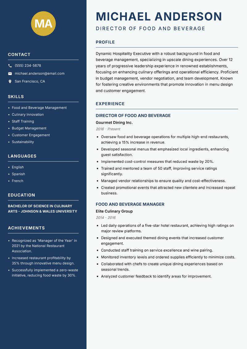 Hospitality Executive resume sample — Director of Food and Beverage focus