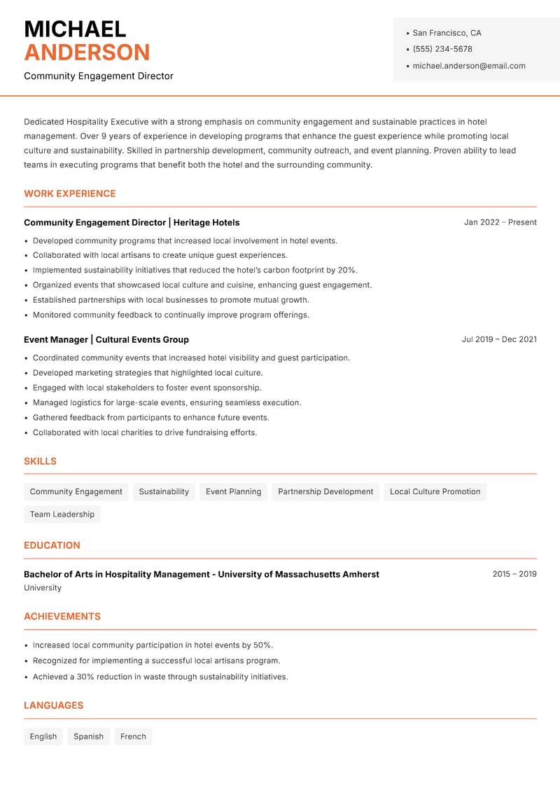 Hospitality Executive resume sample — Community Engagement Director focus