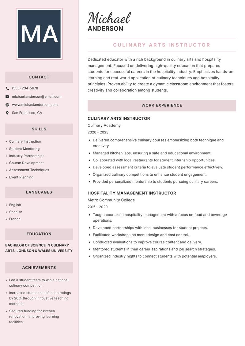 Hospitality Instructor resume sample — Culinary Arts Instructor focus