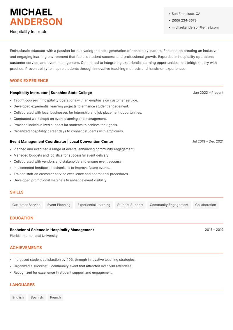 Hospitality Instructor resume sample — Hospitality Instructor focus