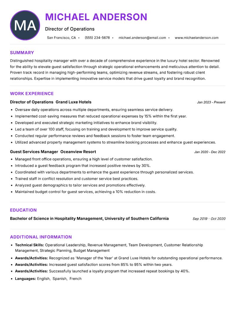 Hospitality Manager resume example