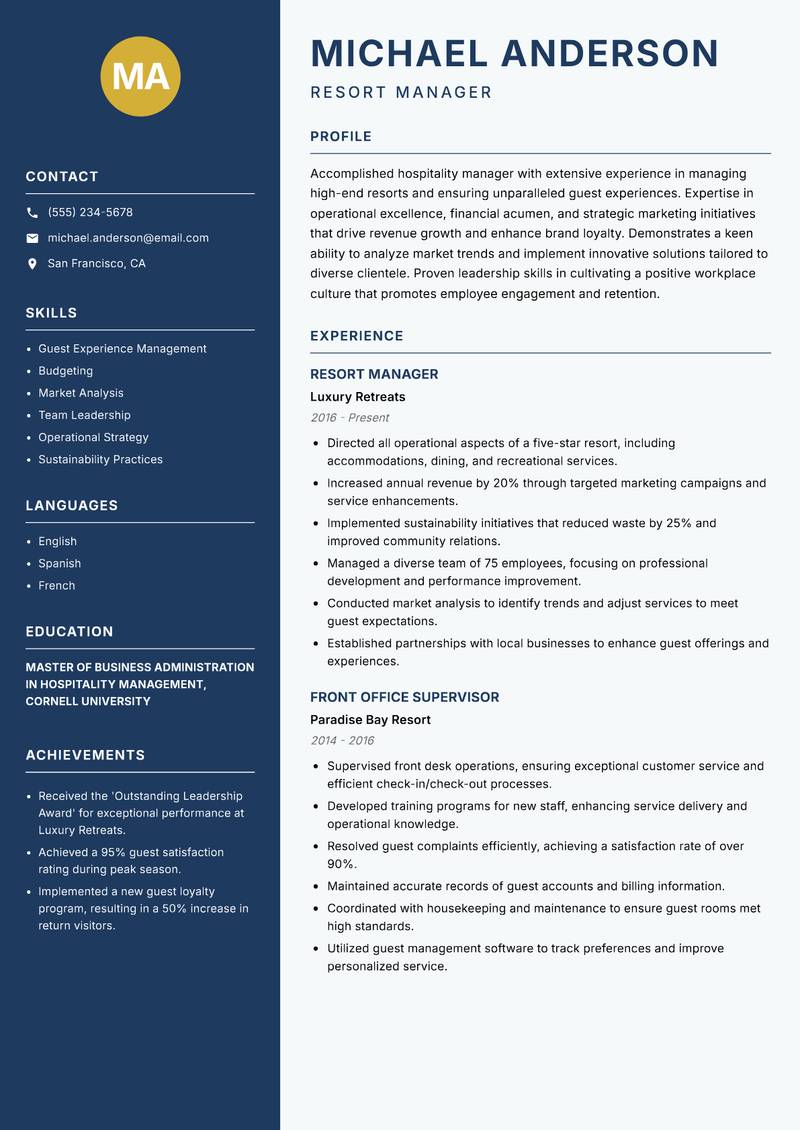 Hospitality Manager resume sample — Resort Manager focus