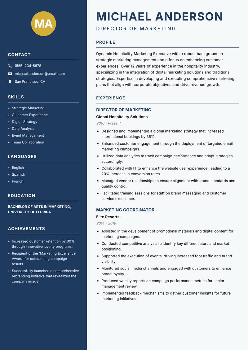 Hospitality Marketing Executive resume sample — Director of Marketing focus