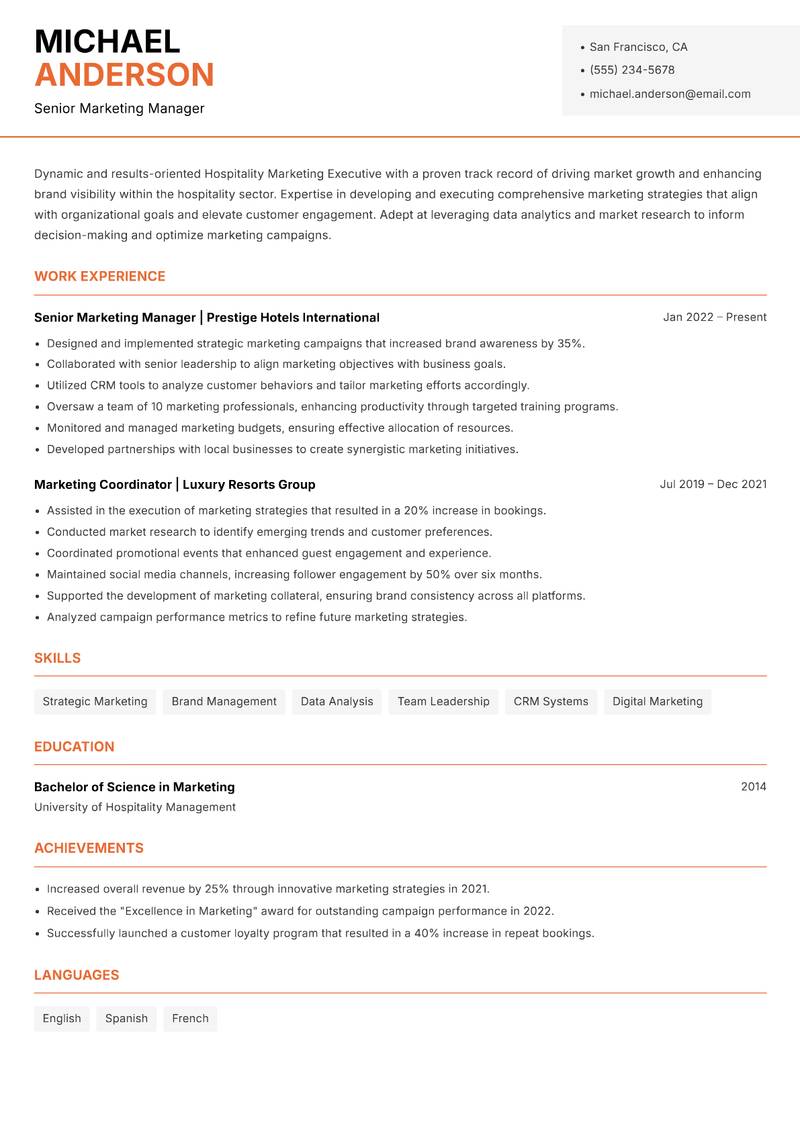 Hospitality Marketing Executive resume sample — Senior Marketing Manager focus