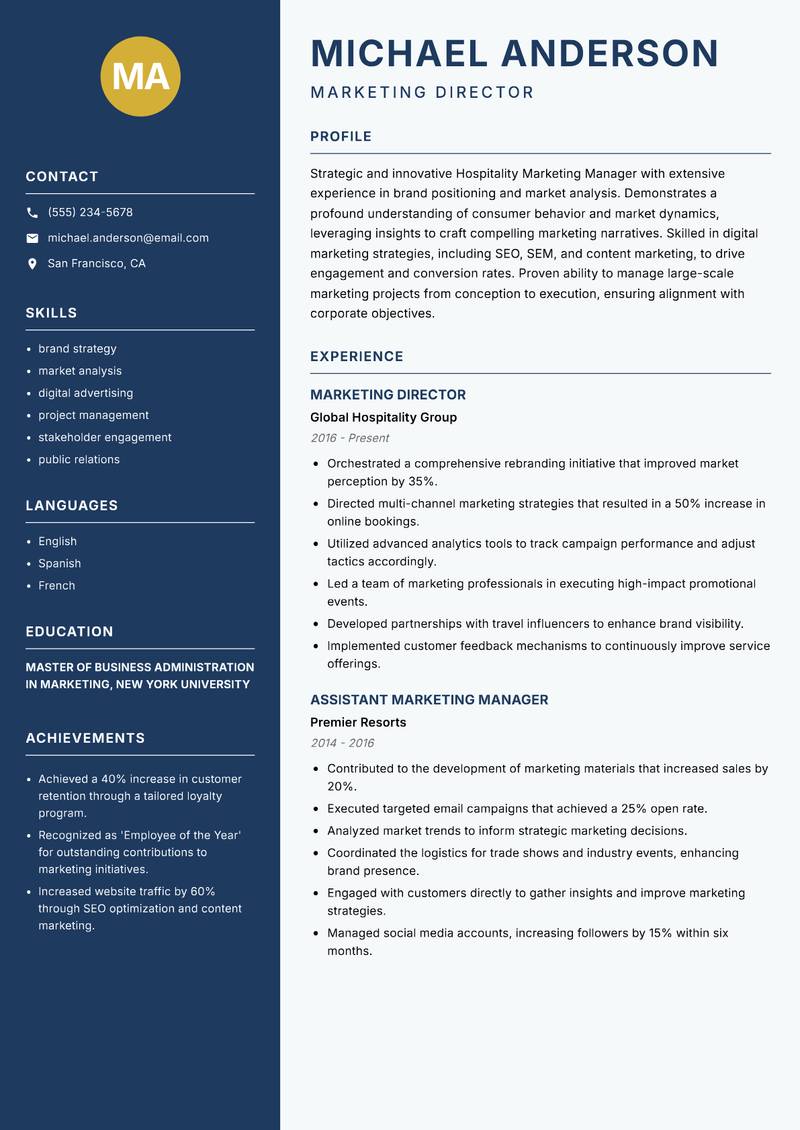 Hospitality Marketing Manager resume sample — Marketing Director focus