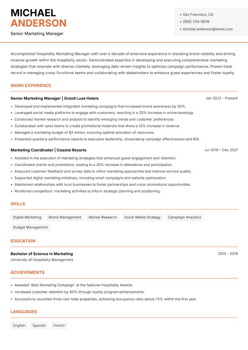 Hospitality Marketing Manager resume sample — Senior Marketing Manager focus