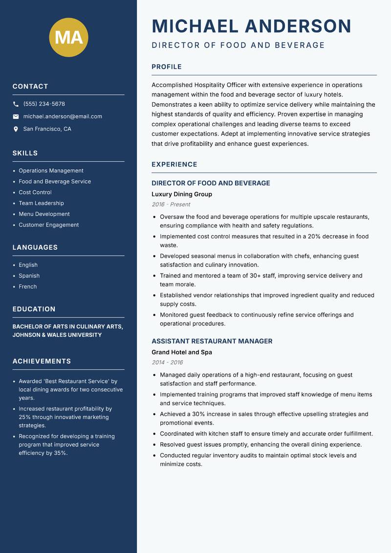 Hospitality Officer resume sample — Director of Food and Beverage focus