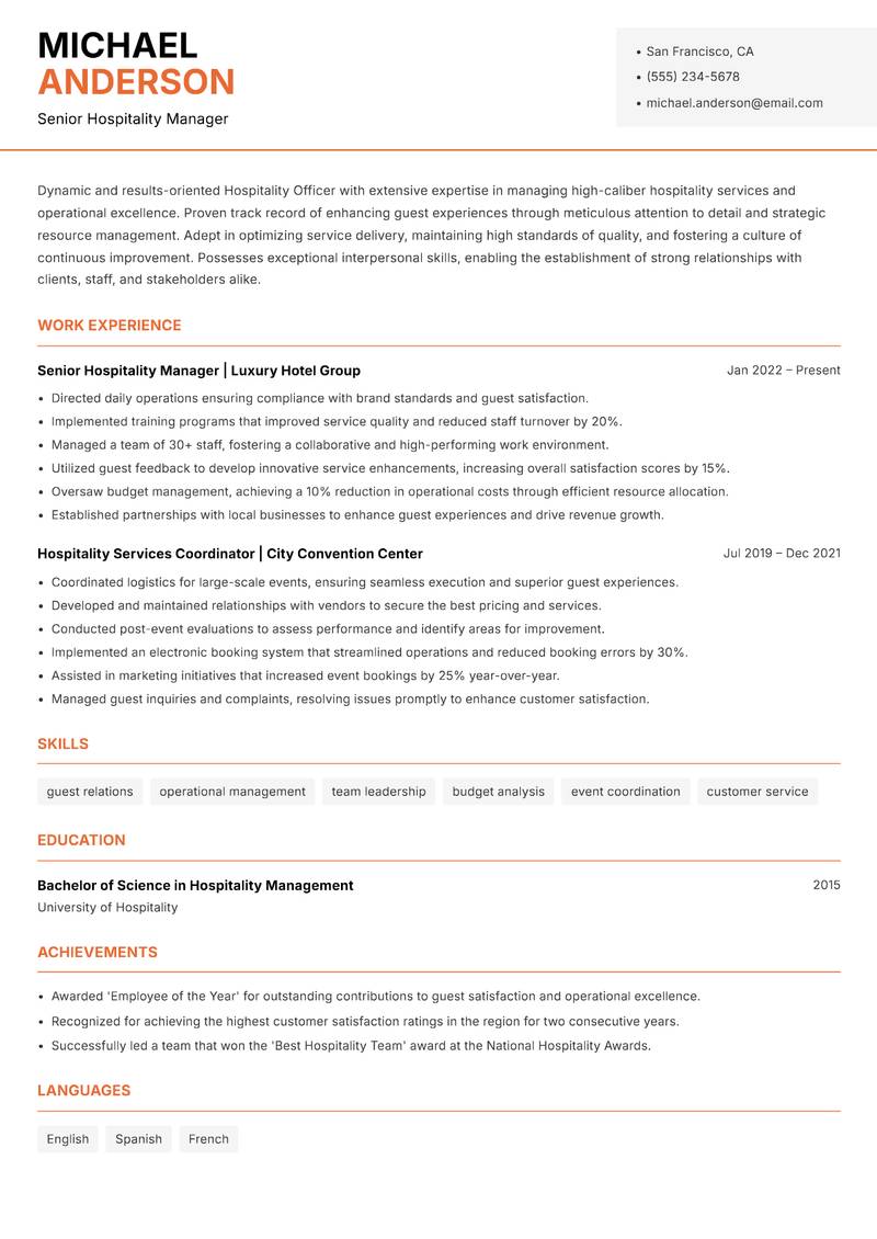 Hospitality Officer resume sample — Senior Hospitality Manager focus
