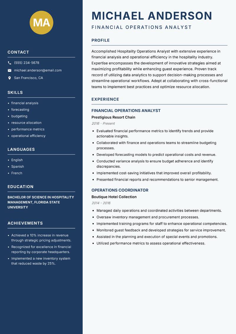 Hospitality Operations Analyst resume sample — Financial Operations Analyst focus