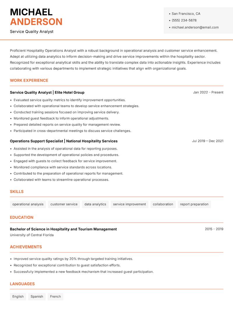 Hospitality Operations Analyst resume sample — Service Quality Analyst focus