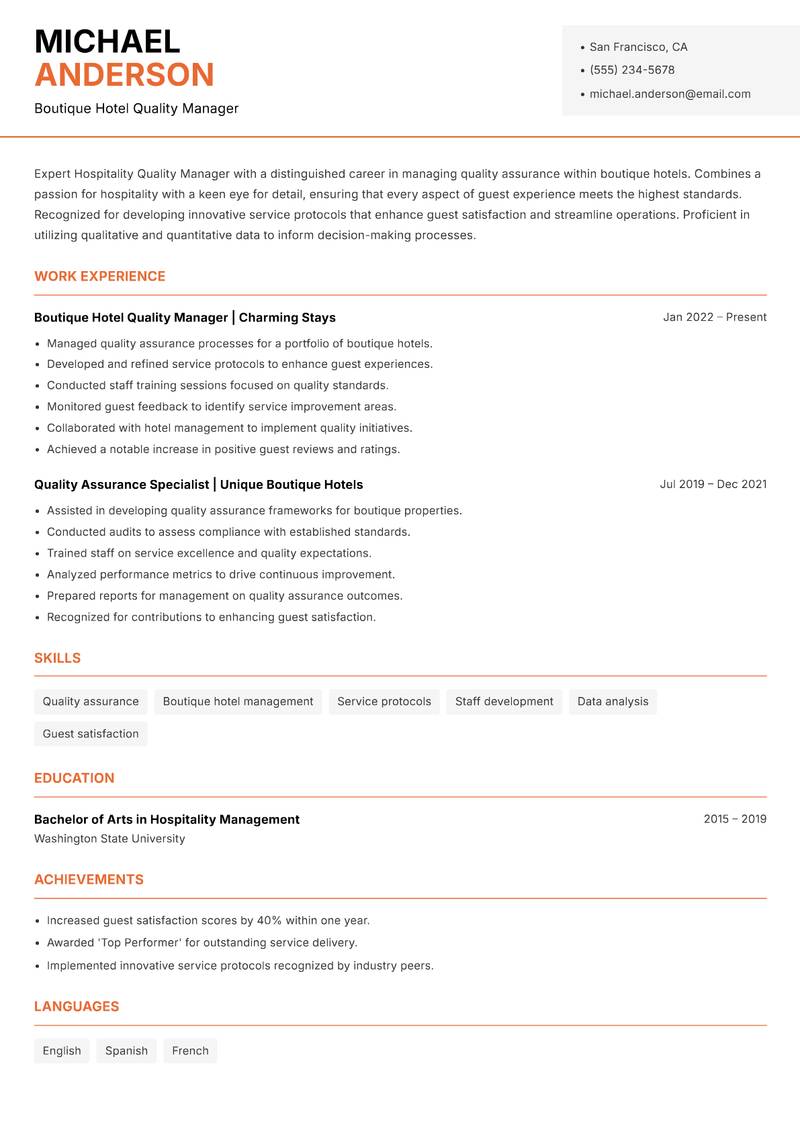 Hospitality Quality Manager resume sample — Boutique Hotel Quality Manager focus