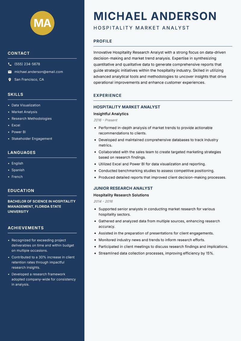 Hospitality Research Analyst resume sample — Hospitality Market Analyst focus