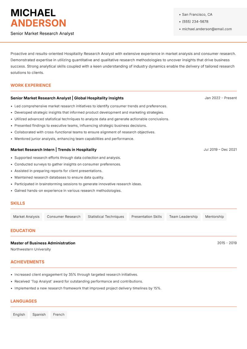 Hospitality Research Analyst resume sample — Senior Market Research Analyst focus