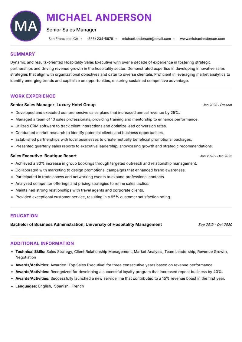 Hospitality Sales Executive resume example