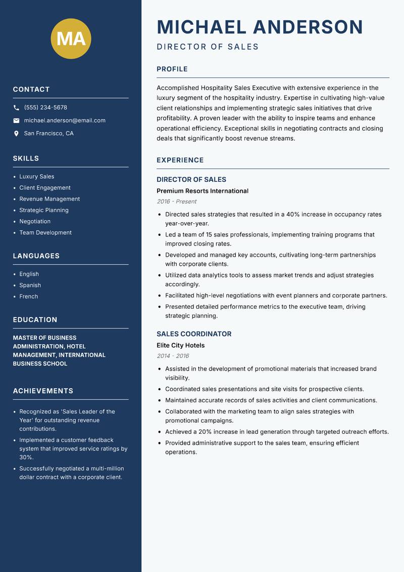 Hospitality Sales Executive resume sample — Director of Sales focus