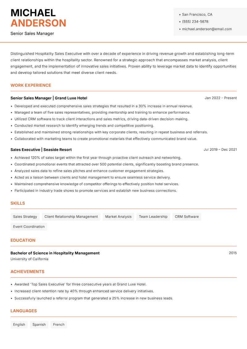 Hospitality Sales Executive resume sample — Senior Sales Manager focus