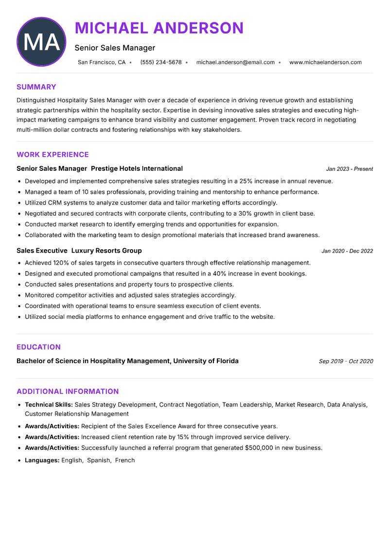 Hospitality Sales Manager resume example