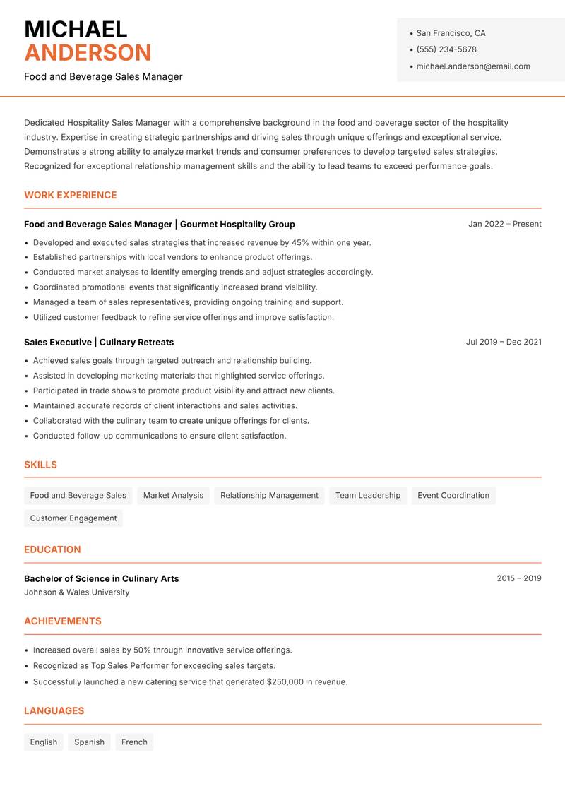 Hospitality Sales Manager resume sample — Food and Beverage Sales Manager focus