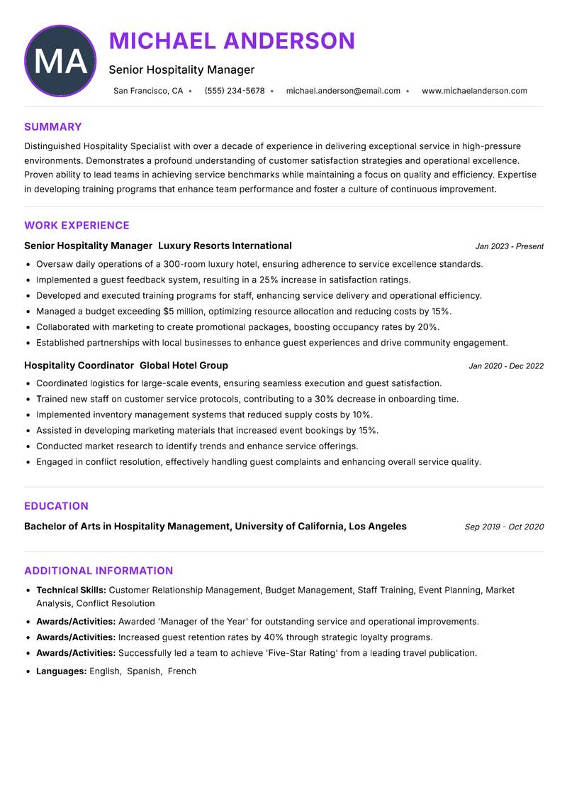 Hospitality Specialist resume example