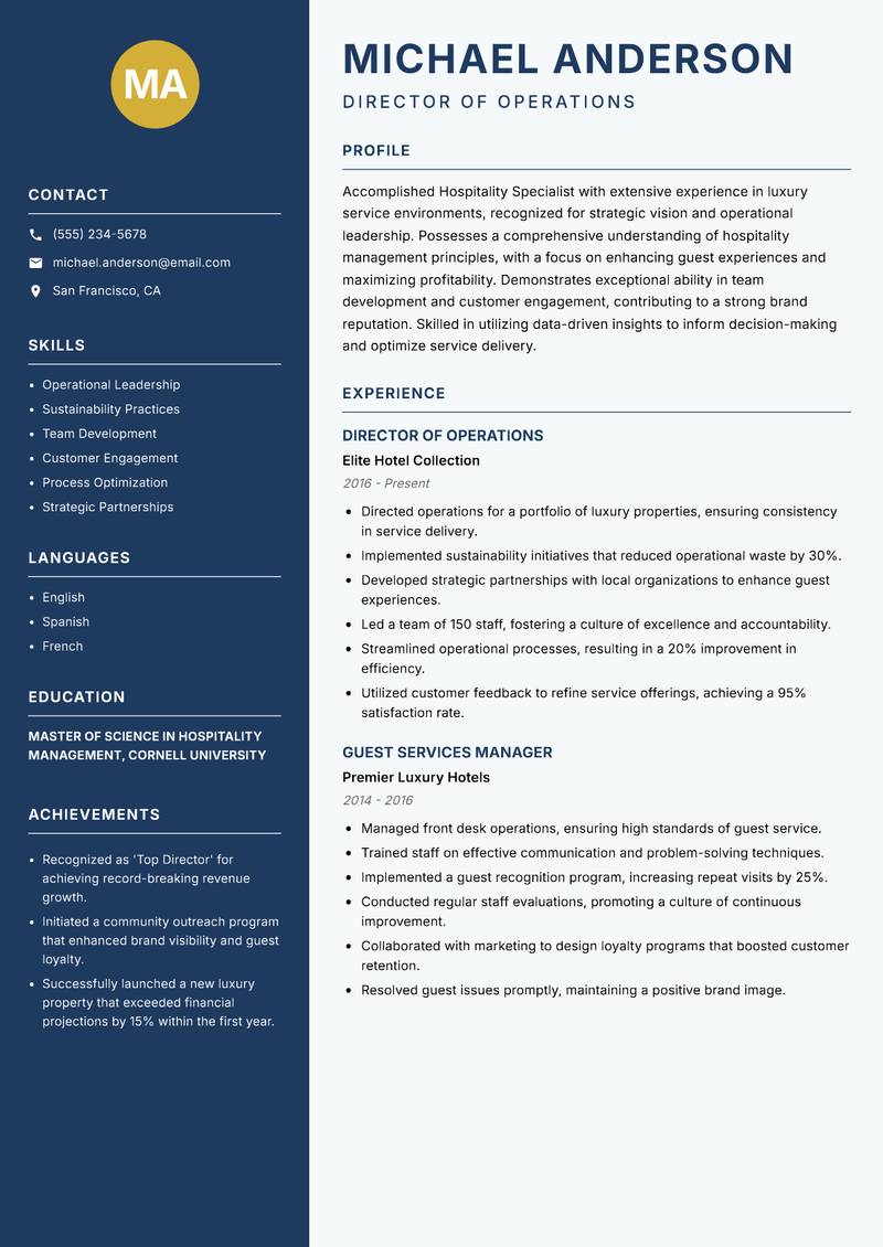 Hospitality Specialist resume sample — Director of Operations focus