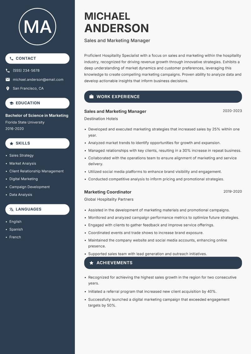 Hospitality Specialist resume sample — Sales and Marketing Manager focus
