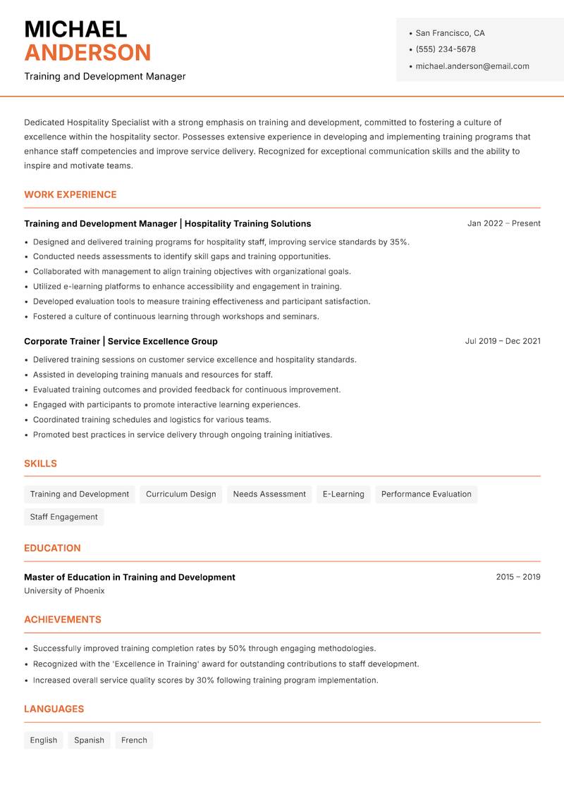 Hospitality Specialist resume sample — Training and Development Manager focus