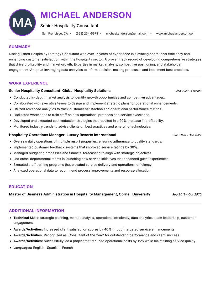 Hospitality Strategy Consultant resume example