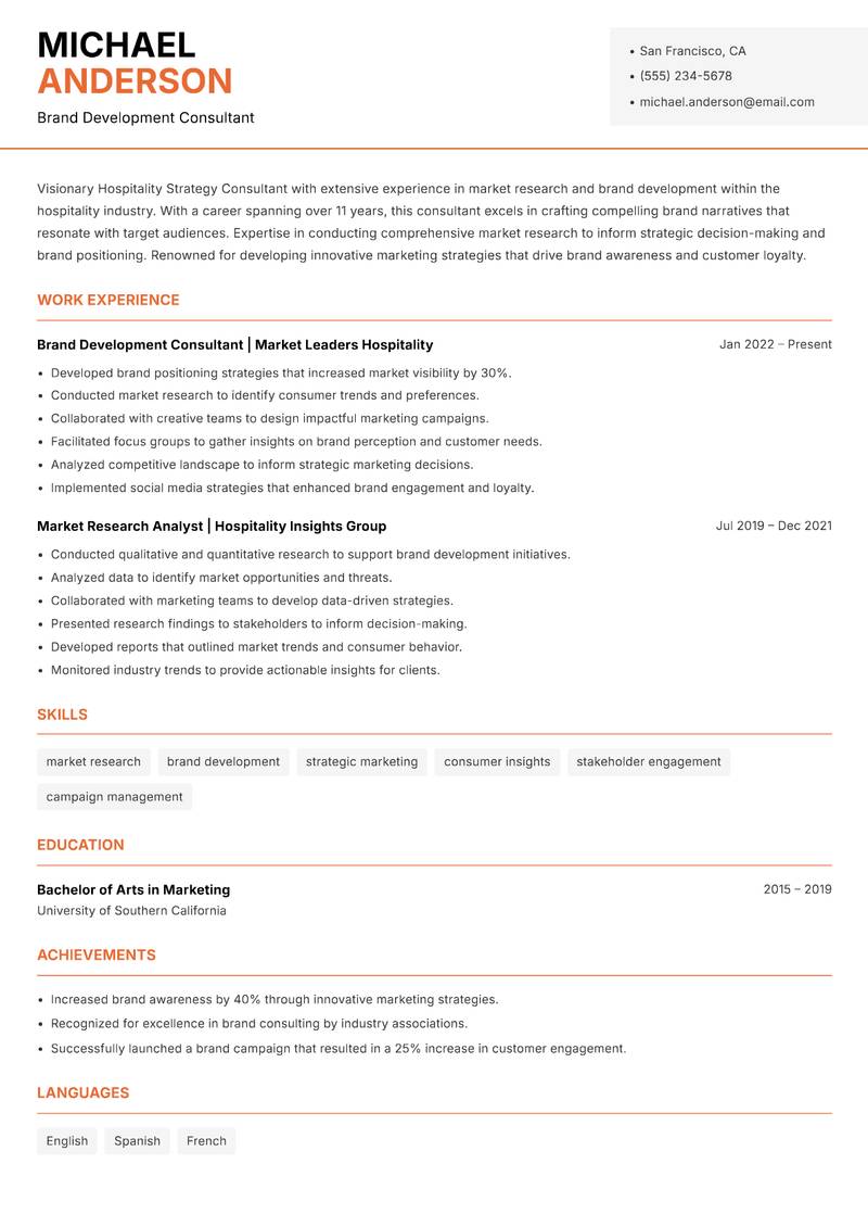 Hospitality Strategy Consultant resume sample — Brand Development Consultant focus