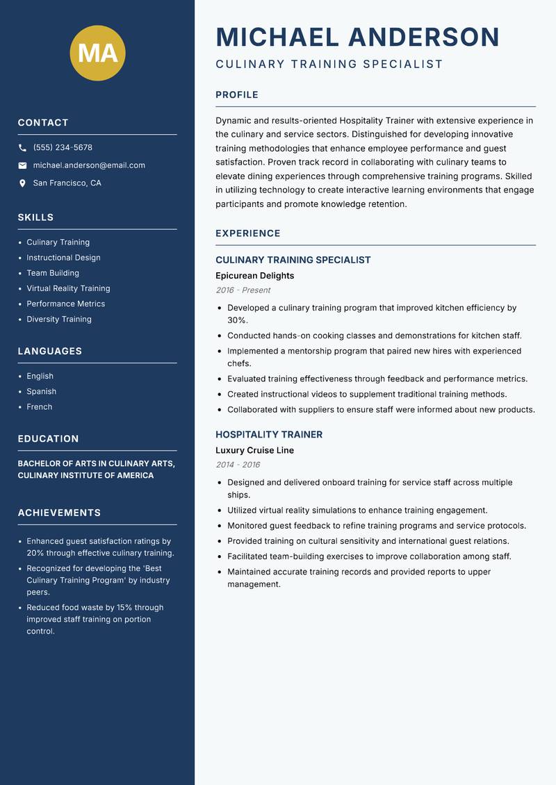Hospitality Trainer resume sample — Culinary Training Specialist focus